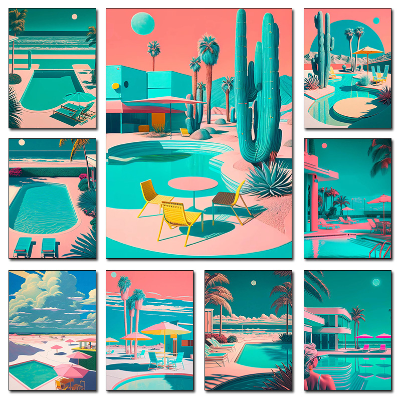 Resin Art Wall - 레트로 미래지향적 해변 야자수 사막 수영장